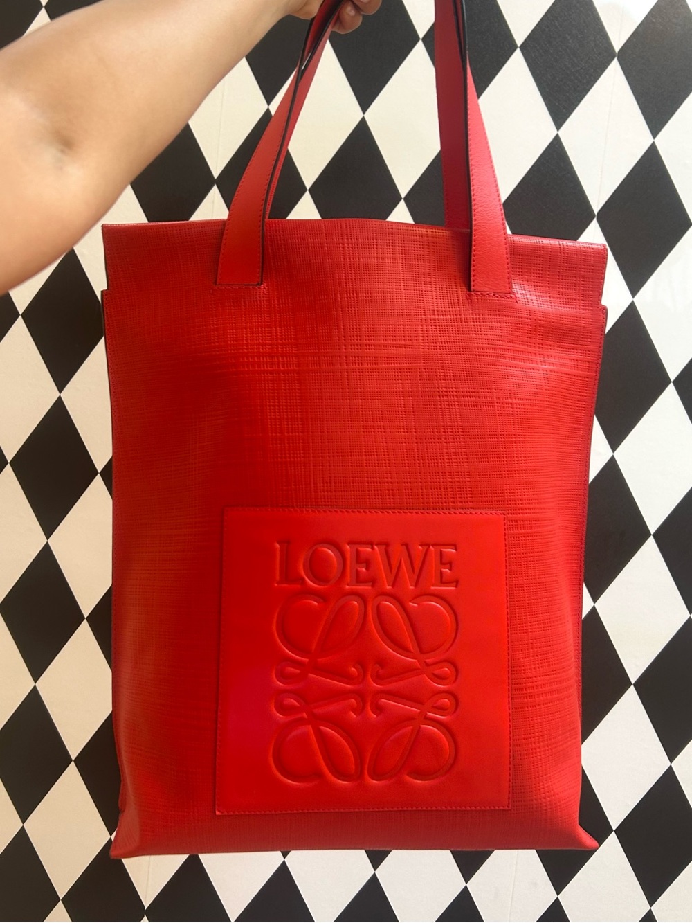 LOEWE Shopper Tote Linen Anagram Leather Red Shoulder Bag